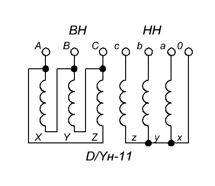 Схема соединения обмоток трансформатора  D/Yн-11
